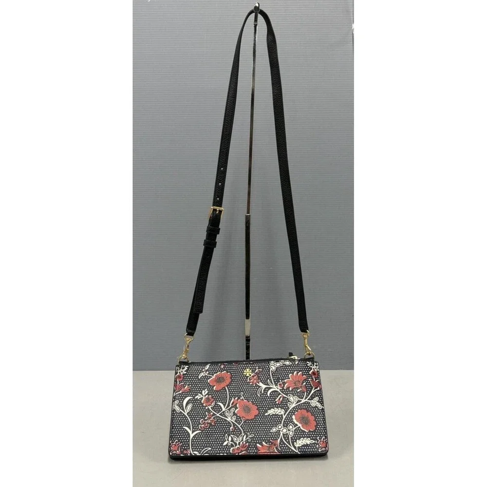 Tory Burch Blake Printed Crossbody Black and Red Floral Purse Pebbled Leather - Picture 7 of 7